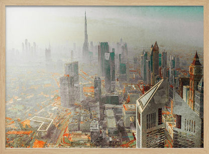 A framed piece of art showing a hazy, high-angle view of the Dubai skyline, with the Burj Khalifa towering in the background. The cityscape is rendered in muted tones of grey and teal, with striking orange accents on the ground, creating a surreal, artistic effect. Print