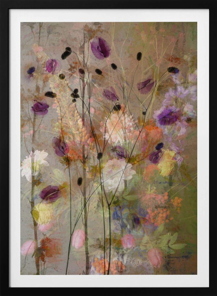 An abstract floral artwork featuring delicate, dark stems with translucent purple petals against a textured, earthy brown background. The composition is layered with soft, blended impressions of wildflowers in shades of pink, orange, yellow, and white, creating a dreamy and ethereal meadow scene. Artwork