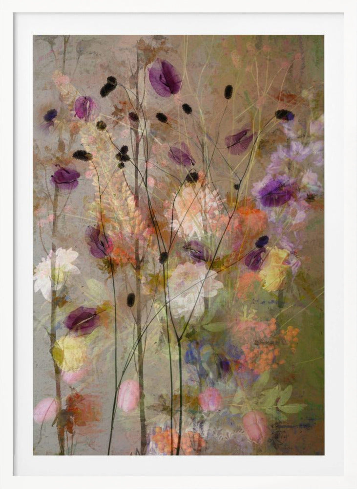 An abstract floral artwork featuring delicate, dark stems with translucent purple petals against a textured, earthy brown background. The composition is layered with soft, blended impressions of wildflowers in shades of pink, orange, yellow, and white, creating a dreamy and ethereal meadow scene. Artwork