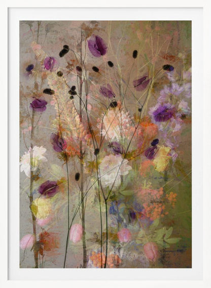 An abstract floral artwork featuring delicate, dark stems with translucent purple petals against a textured, earthy brown background. The composition is layered with soft, blended impressions of wildflowers in shades of pink, orange, yellow, and white, creating a dreamy and ethereal meadow scene. Artwork