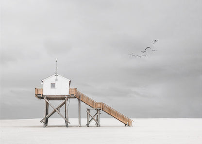 A minimalist, desaturated photograph of a small white cabin on tall wooden stilts on a vast, empty beach. A long wooden staircase leads up to the cabin. The sky is a flat, overcast grey, and a flock of dark birds is visible flying in the distance. Print
