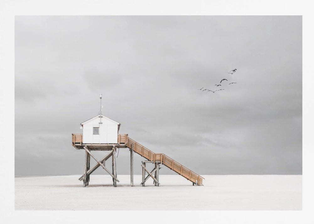 A minimalist, desaturated photograph of a small white cabin on tall wooden stilts on a vast, empty beach. A long wooden staircase leads up to the cabin. The sky is a flat, overcast grey, and a flock of dark birds is visible flying in the distance. Print