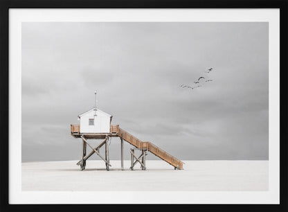 A minimalist, desaturated photograph of a small white cabin on tall wooden stilts on a vast, empty beach. A long wooden staircase leads up to the cabin. The sky is a flat, overcast grey, and a flock of dark birds is visible flying in the distance. Print