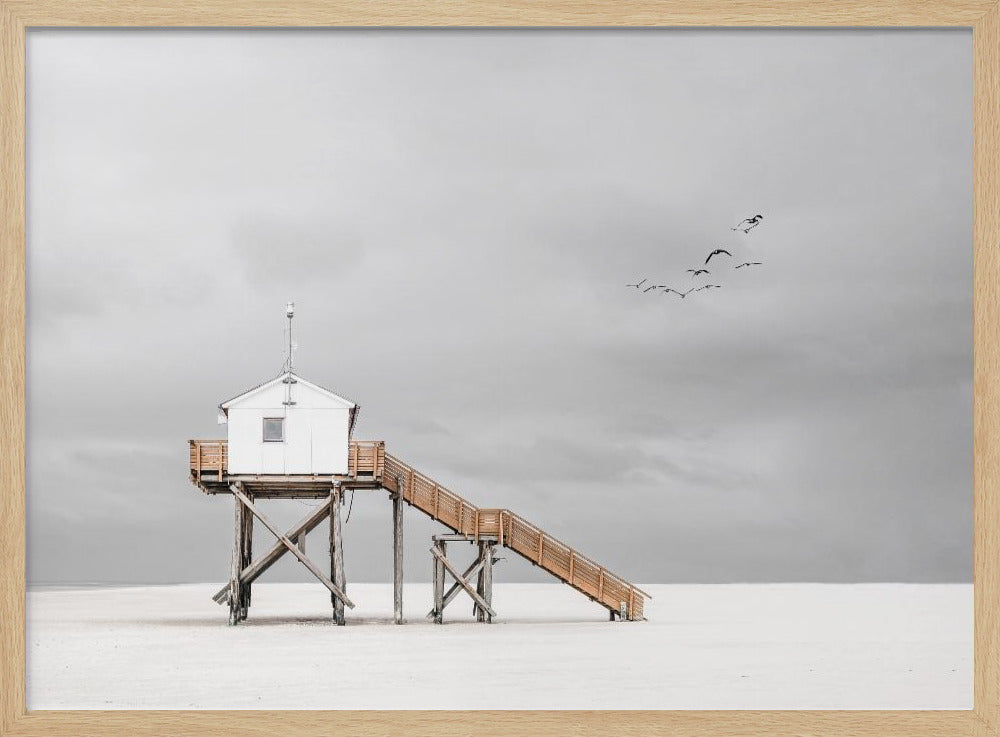 A minimalist, desaturated photograph of a small white cabin on tall wooden stilts on a vast, empty beach. A long wooden staircase leads up to the cabin. The sky is a flat, overcast grey, and a flock of dark birds is visible flying in the distance. Print