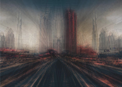 An abstract, moody cityscape artwork in a silver frame. The perspective is from a low angle looking down dark, blurred tracks towards a horizon of towering, distorted skyscrapers under a dark, hazy sky. The color scheme is dominated by dark grays, blacks, and pops of intense red, creating a sense of rapid motion and a dystopian, futuristic atmosphere. Artwork