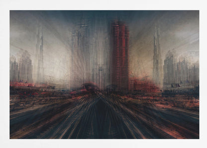 An abstract, moody cityscape artwork in a silver frame. The perspective is from a low angle looking down dark, blurred tracks towards a horizon of towering, distorted skyscrapers under a dark, hazy sky. The color scheme is dominated by dark grays, blacks, and pops of intense red, creating a sense of rapid motion and a dystopian, futuristic atmosphere. Artwork