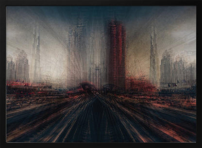An abstract, moody cityscape artwork in a silver frame. The perspective is from a low angle looking down dark, blurred tracks towards a horizon of towering, distorted skyscrapers under a dark, hazy sky. The color scheme is dominated by dark grays, blacks, and pops of intense red, creating a sense of rapid motion and a dystopian, futuristic atmosphere. Artwork