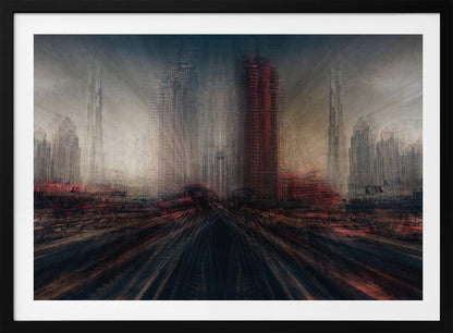 An abstract, moody cityscape artwork in a silver frame. The perspective is from a low angle looking down dark, blurred tracks towards a horizon of towering, distorted skyscrapers under a dark, hazy sky. The color scheme is dominated by dark grays, blacks, and pops of intense red, creating a sense of rapid motion and a dystopian, futuristic atmosphere. Artwork