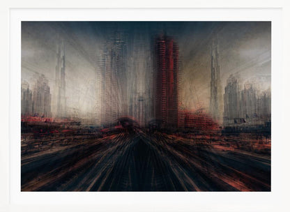 An abstract, moody cityscape artwork in a silver frame. The perspective is from a low angle looking down dark, blurred tracks towards a horizon of towering, distorted skyscrapers under a dark, hazy sky. The color scheme is dominated by dark grays, blacks, and pops of intense red, creating a sense of rapid motion and a dystopian, futuristic atmosphere. Artwork