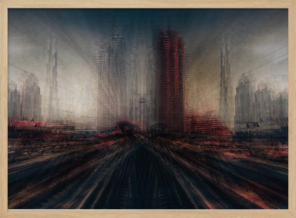 An abstract, moody cityscape artwork in a silver frame. The perspective is from a low angle looking down dark, blurred tracks towards a horizon of towering, distorted skyscrapers under a dark, hazy sky. The color scheme is dominated by dark grays, blacks, and pops of intense red, creating a sense of rapid motion and a dystopian, futuristic atmosphere. Artwork