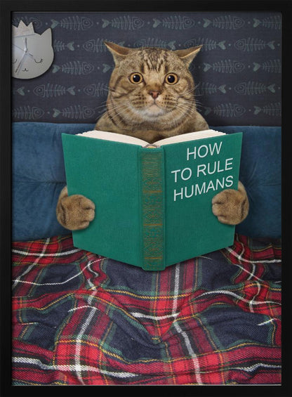 A humorous picture of a brown tabby cat sitting up in bed, intently reading a green book titled 'How To Rule Humans.' The cat is tucked under a red and blue plaid blanket, against a blue headboard with fishbone-patterned wallpaper and a cat-shaped clock in the background. Print