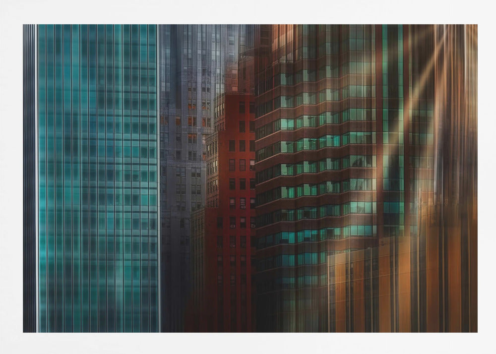 An abstract cityscape artwork in a silver frame, featuring a teal glass skyscraper on the left transitioning to red and brown buildings on the right with a strong vertical motion blur effect, creating a dynamic sense of movement. Decor
