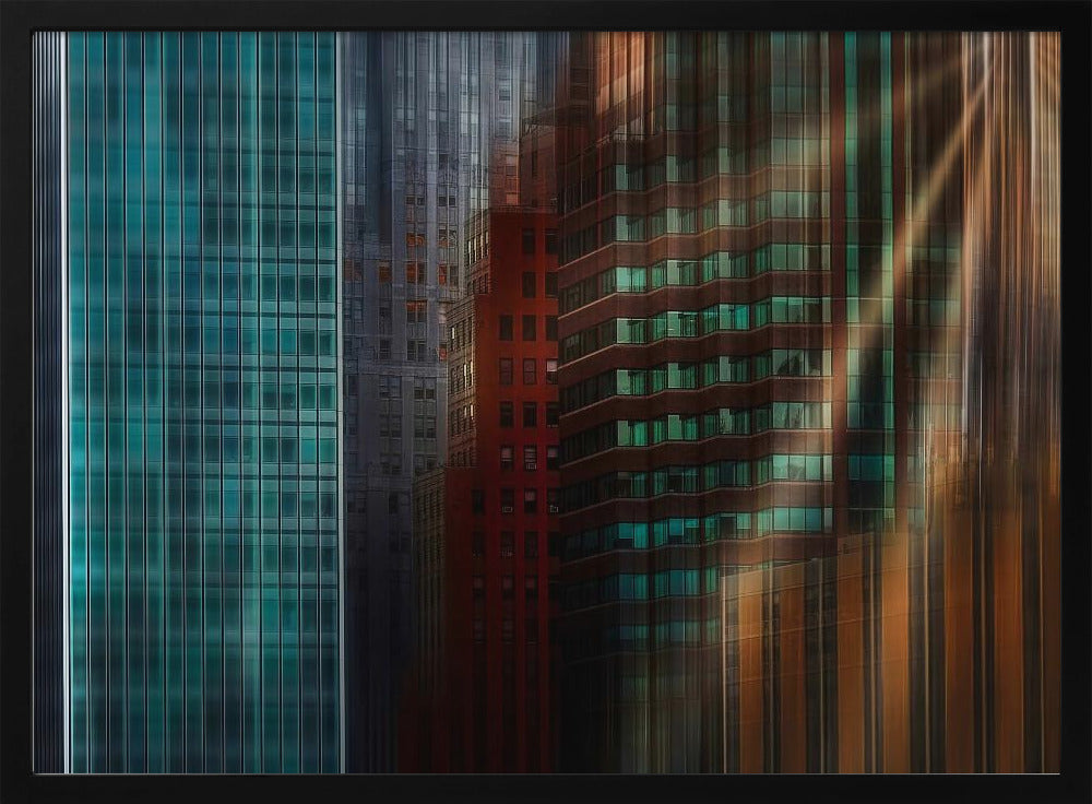 An abstract cityscape artwork in a silver frame, featuring a teal glass skyscraper on the left transitioning to red and brown buildings on the right with a strong vertical motion blur effect, creating a dynamic sense of movement. Decor