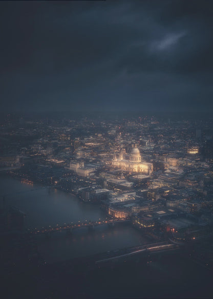 An atmospheric aerial view of London at night, with the illuminated St. Paul's Cathedral as the central focus. The sprawling cityscape glows with warm lights against a dark, stormy sky, while the River Thames flows in the foreground. Wall Art