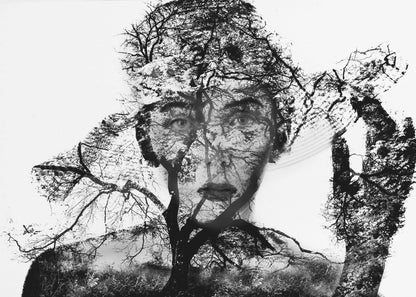 A surreal black and white double exposure artwork in a silver frame. The image combines a close-up portrait of a person's face with the intricate silhouette of bare, branching trees against a white background, creating a complex and thought-provoking visual. Poster