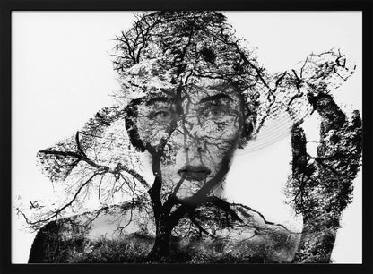 A surreal black and white double exposure artwork in a silver frame. The image combines a close-up portrait of a person's face with the intricate silhouette of bare, branching trees against a white background, creating a complex and thought-provoking visual. Poster