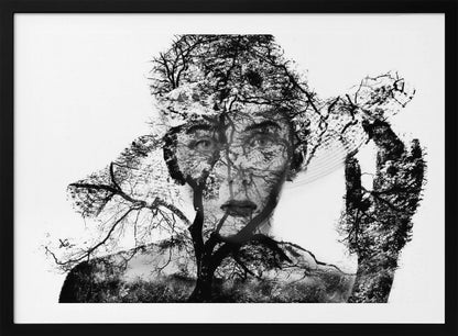 A surreal black and white double exposure artwork in a silver frame. The image combines a close-up portrait of a person's face with the intricate silhouette of bare, branching trees against a white background, creating a complex and thought-provoking visual. Poster