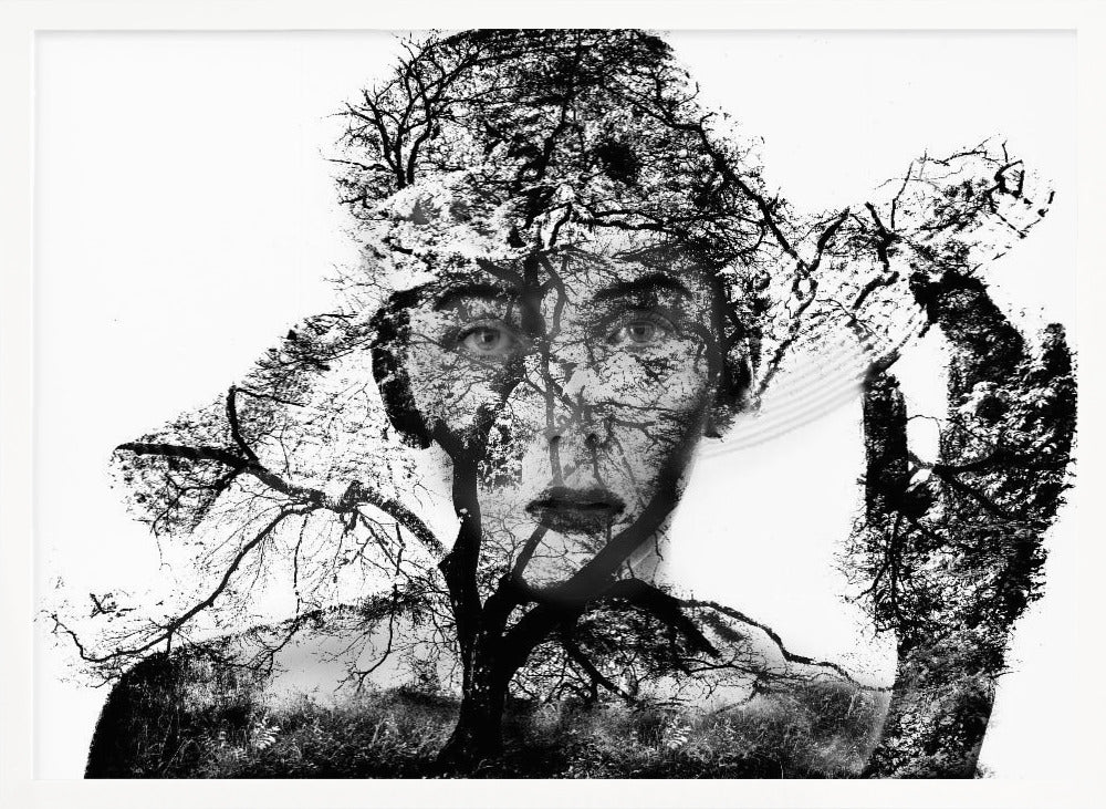 A surreal black and white double exposure artwork in a silver frame. The image combines a close-up portrait of a person's face with the intricate silhouette of bare, branching trees against a white background, creating a complex and thought-provoking visual. Poster