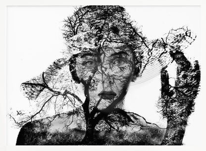 A surreal black and white double exposure artwork in a silver frame. The image combines a close-up portrait of a person's face with the intricate silhouette of bare, branching trees against a white background, creating a complex and thought-provoking visual. Poster