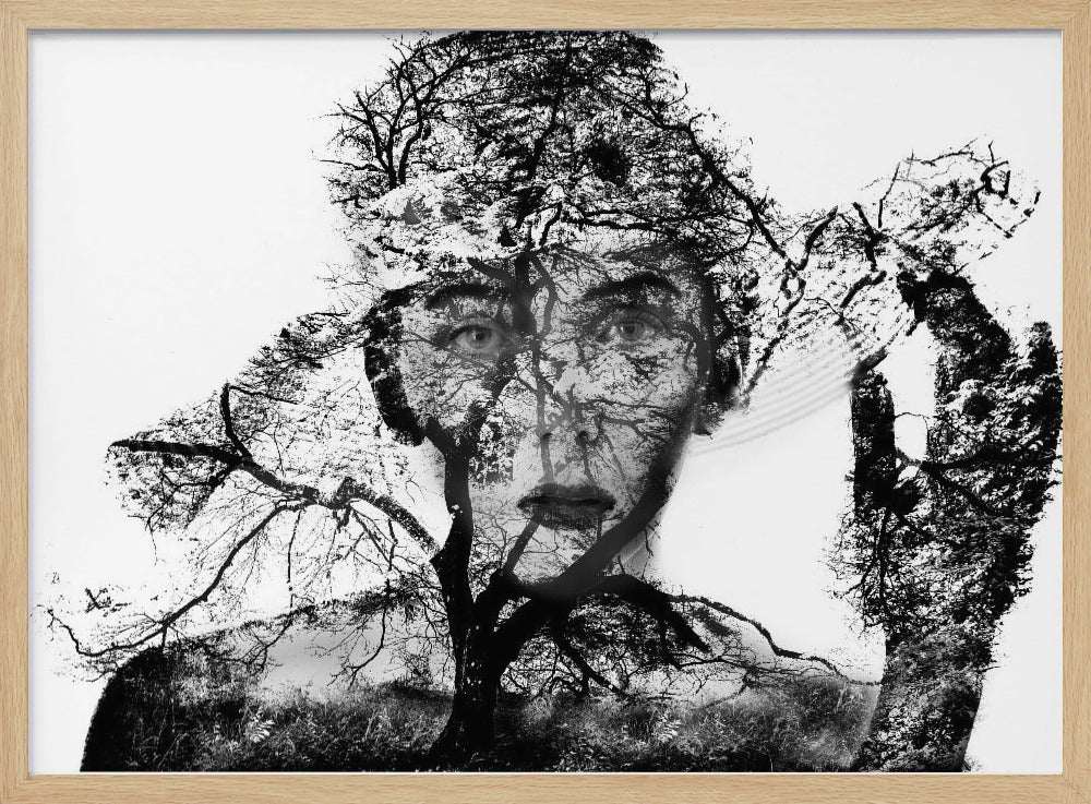 A surreal black and white double exposure artwork in a silver frame. The image combines a close-up portrait of a person's face with the intricate silhouette of bare, branching trees against a white background, creating a complex and thought-provoking visual. Poster