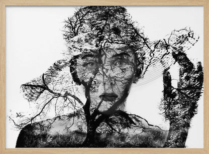 A surreal black and white double exposure artwork in a silver frame. The image combines a close-up portrait of a person's face with the intricate silhouette of bare, branching trees against a white background, creating a complex and thought-provoking visual. Poster