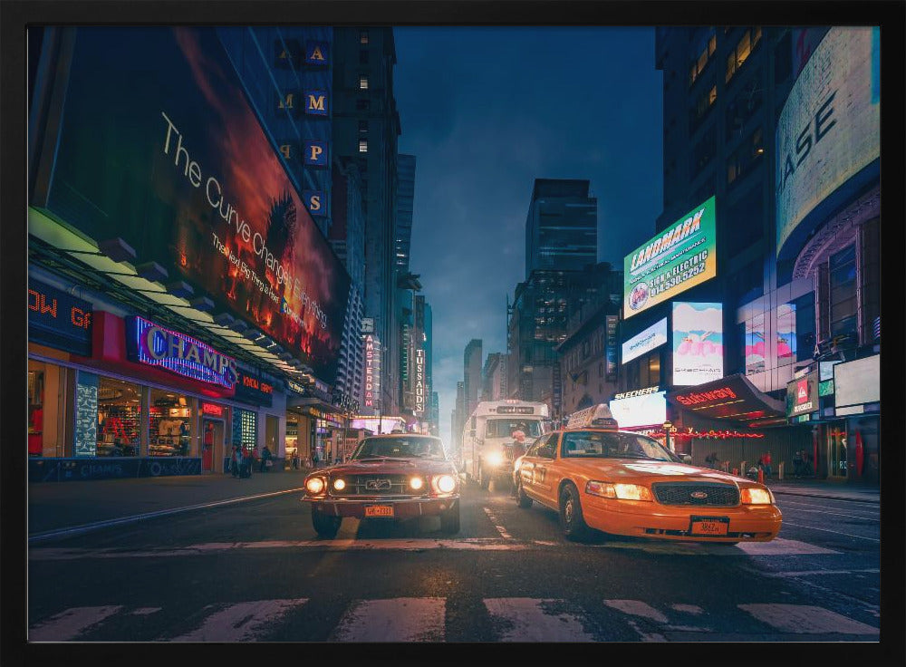 A cinematic night-time view of a busy city street, likely Times Square, with a vintage red muscle car and a yellow taxi cab side-by-side in the foreground, surrounded by towering skyscrapers and glowing neon billboards. Artwork
