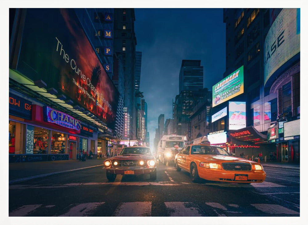 A cinematic night-time view of a busy city street, likely Times Square, with a vintage red muscle car and a yellow taxi cab side-by-side in the foreground, surrounded by towering skyscrapers and glowing neon billboards. Artwork