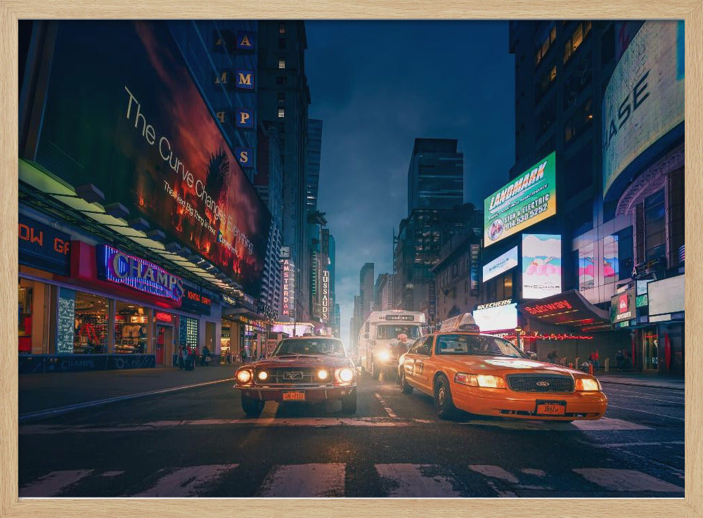 A cinematic night-time view of a busy city street, likely Times Square, with a vintage red muscle car and a yellow taxi cab side-by-side in the foreground, surrounded by towering skyscrapers and glowing neon billboards. Artwork