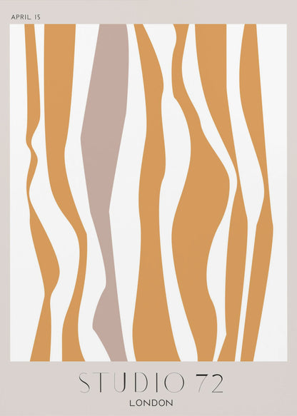 A modern abstract art print in a black frame, featuring wavy vertical stripes in mustard orange and muted mauve against an off-white background. The print has a light beige border with 'APRIL 15' at the top and 'STUDIO 72 LONDON' at the bottom. Artwork