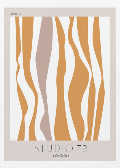 A modern abstract art print in a black frame, featuring wavy vertical stripes in mustard orange and muted mauve against an off-white background. The print has a light beige border with 'APRIL 15' at the top and 'STUDIO 72 LONDON' at the bottom. Artwork