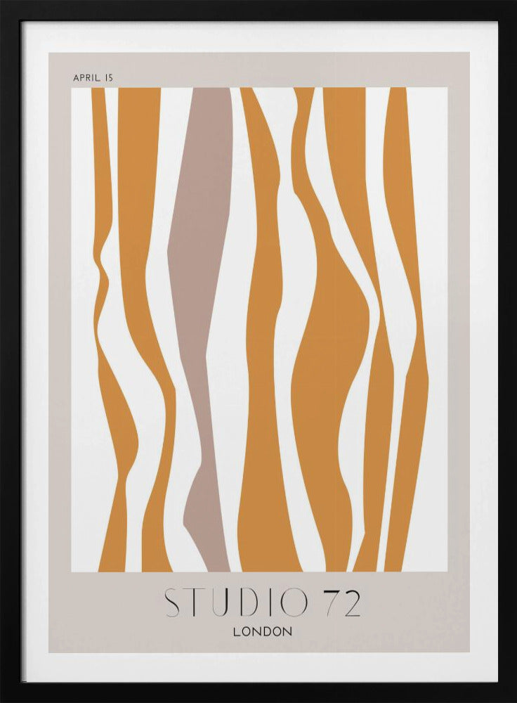 A modern abstract art print in a black frame, featuring wavy vertical stripes in mustard orange and muted mauve against an off-white background. The print has a light beige border with 'APRIL 15' at the top and 'STUDIO 72 LONDON' at the bottom. Artwork