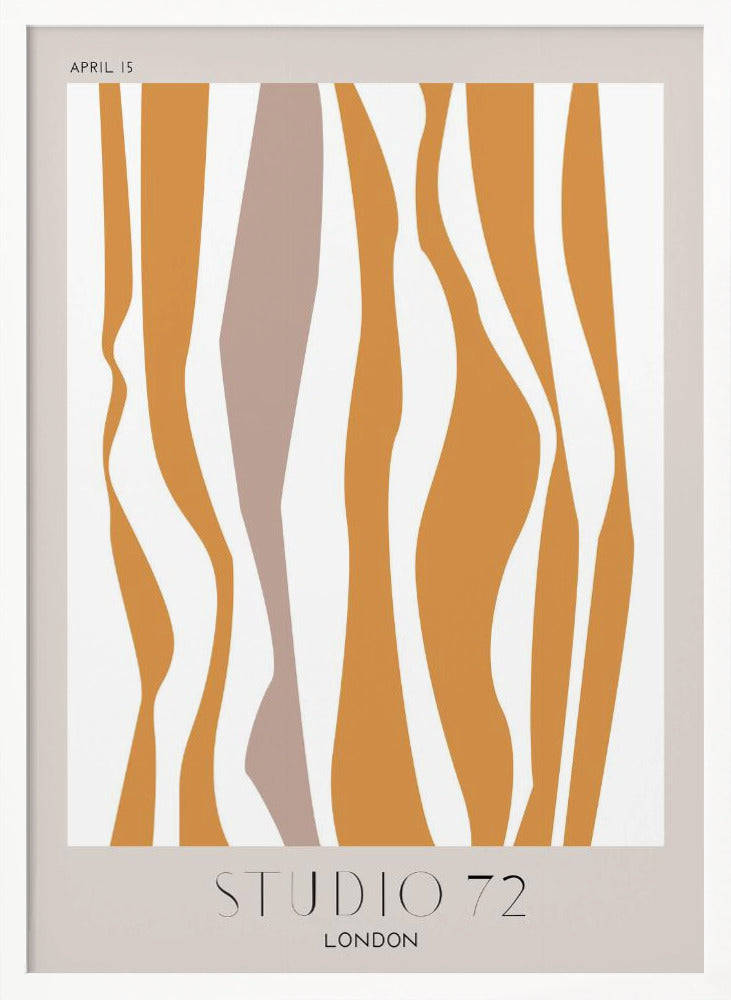 A modern abstract art print in a black frame, featuring wavy vertical stripes in mustard orange and muted mauve against an off-white background. The print has a light beige border with 'APRIL 15' at the top and 'STUDIO 72 LONDON' at the bottom. Artwork