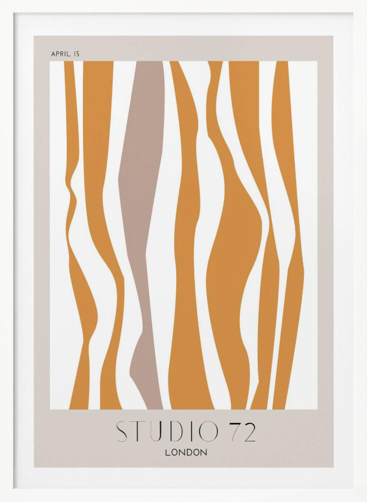 A modern abstract art print in a black frame, featuring wavy vertical stripes in mustard orange and muted mauve against an off-white background. The print has a light beige border with 'APRIL 15' at the top and 'STUDIO 72 LONDON' at the bottom. Artwork
