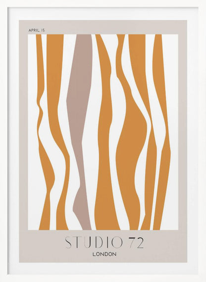 A modern abstract art print in a black frame, featuring wavy vertical stripes in mustard orange and muted mauve against an off-white background. The print has a light beige border with 'APRIL 15' at the top and 'STUDIO 72 LONDON' at the bottom. Artwork