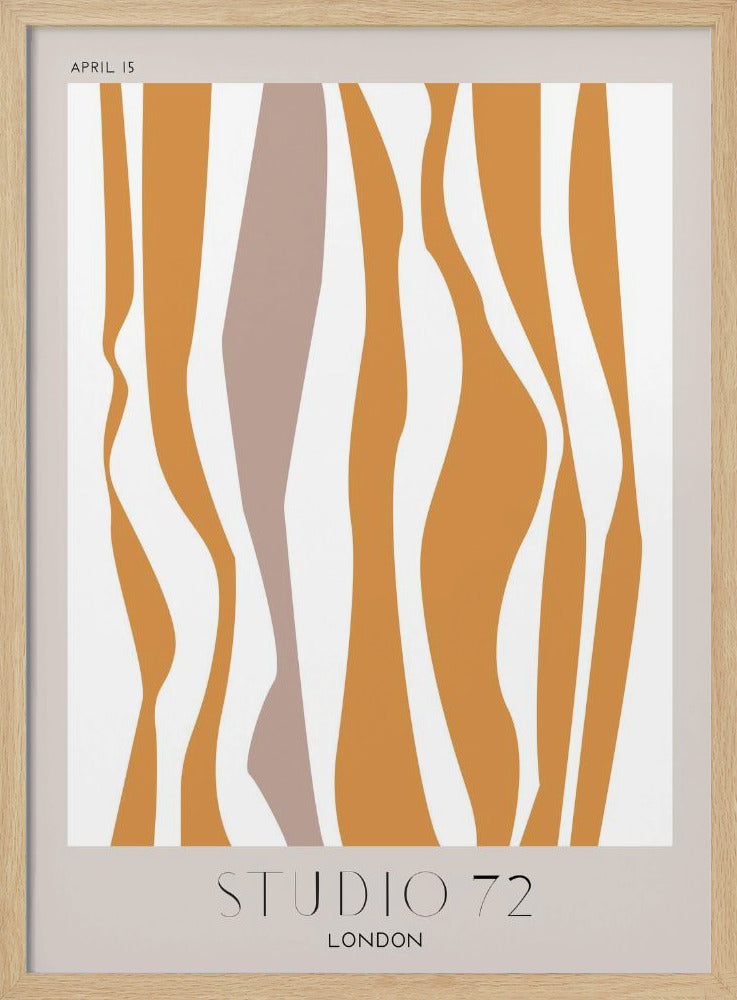 A modern abstract art print in a black frame, featuring wavy vertical stripes in mustard orange and muted mauve against an off-white background. The print has a light beige border with 'APRIL 15' at the top and 'STUDIO 72 LONDON' at the bottom. Artwork