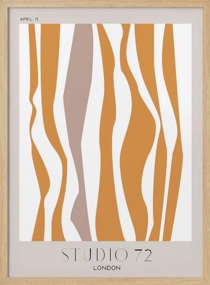 A modern abstract art print in a black frame, featuring wavy vertical stripes in mustard orange and muted mauve against an off-white background. The print has a light beige border with 'APRIL 15' at the top and 'STUDIO 72 LONDON' at the bottom. Artwork
