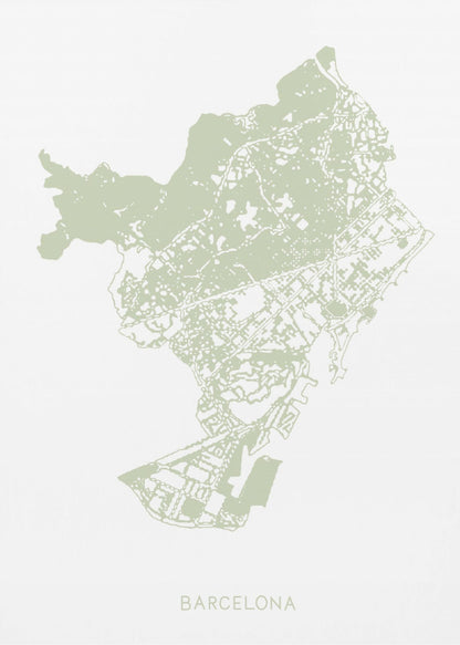 A minimalist art print of a Barcelona city map, rendered in a pale sage green on a white background. The print is framed in a simple black frame, with the city's name 'BARCELONA' typed at the bottom. Poster