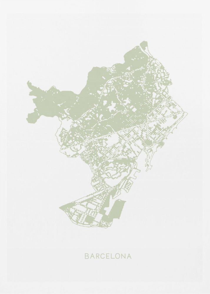A minimalist art print of a Barcelona city map, rendered in a pale sage green on a white background. The print is framed in a simple black frame, with the city's name 'BARCELONA' typed at the bottom. Poster