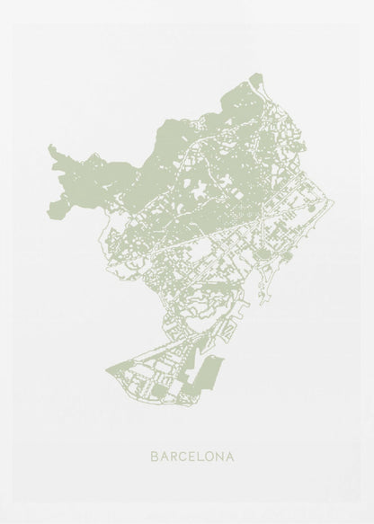 A minimalist art print of a Barcelona city map, rendered in a pale sage green on a white background. The print is framed in a simple black frame, with the city's name 'BARCELONA' typed at the bottom. Poster