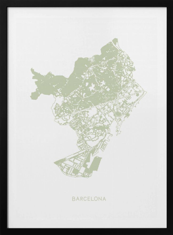 A minimalist art print of a Barcelona city map, rendered in a pale sage green on a white background. The print is framed in a simple black frame, with the city's name 'BARCELONA' typed at the bottom. Poster