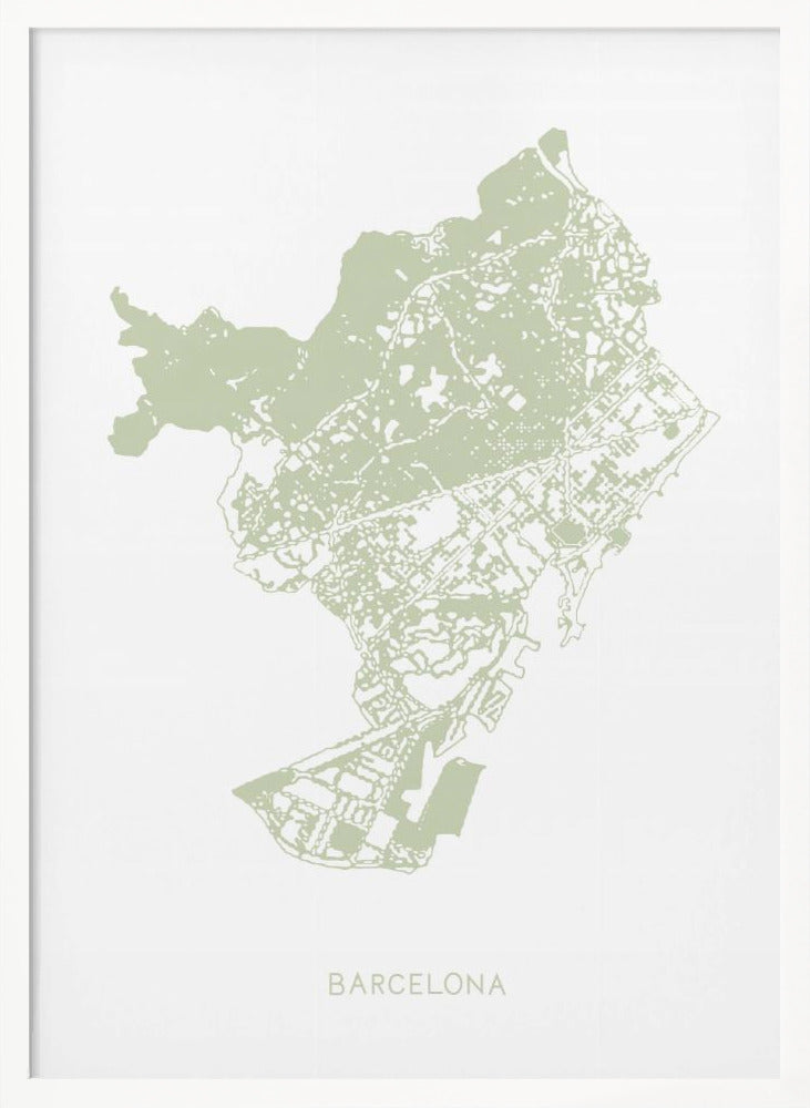 A minimalist art print of a Barcelona city map, rendered in a pale sage green on a white background. The print is framed in a simple black frame, with the city's name 'BARCELONA' typed at the bottom. Poster