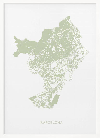 A minimalist art print of a Barcelona city map, rendered in a pale sage green on a white background. The print is framed in a simple black frame, with the city's name 'BARCELONA' typed at the bottom. Poster