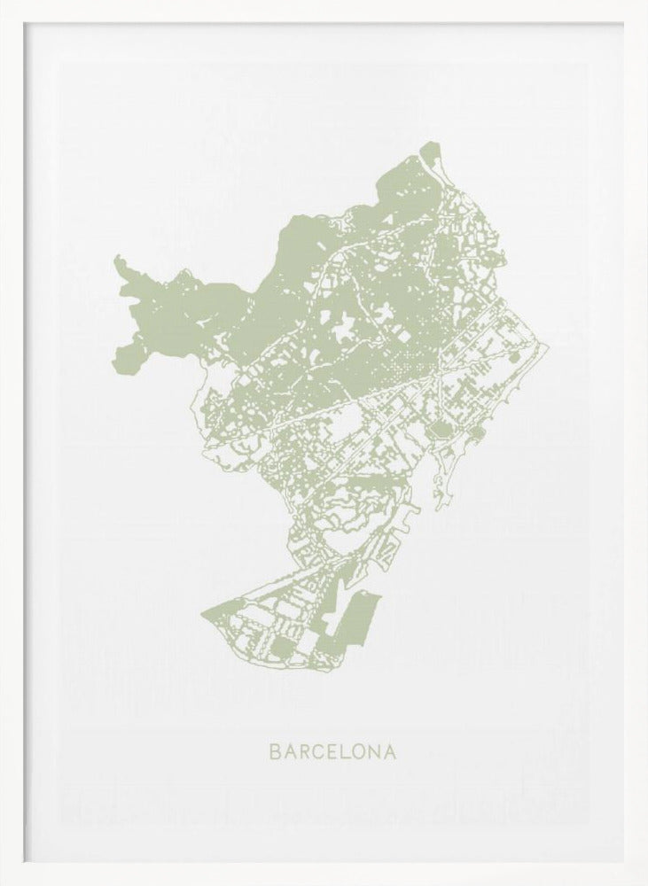 A minimalist art print of a Barcelona city map, rendered in a pale sage green on a white background. The print is framed in a simple black frame, with the city's name 'BARCELONA' typed at the bottom. Poster