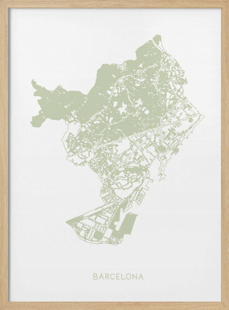 A minimalist art print of a Barcelona city map, rendered in a pale sage green on a white background. The print is framed in a simple black frame, with the city's name 'BARCELONA' typed at the bottom. Poster