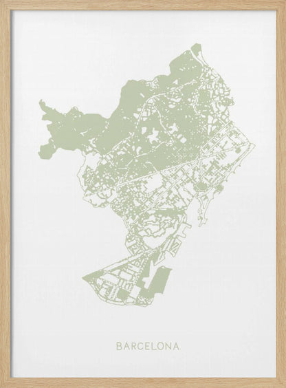 A minimalist art print of a Barcelona city map, rendered in a pale sage green on a white background. The print is framed in a simple black frame, with the city's name 'BARCELONA' typed at the bottom. Poster