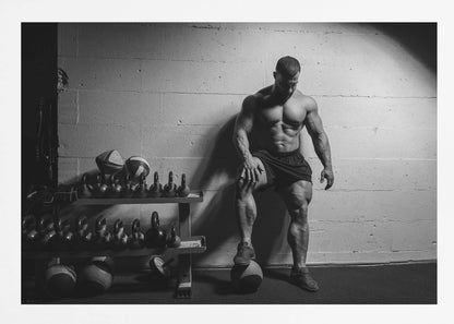 A dramatic black and white photograph of a shirtless, muscular bodybuilder posing in a gym. He leans against a cinder block wall with one foot propped on a medicine ball, his chiseled physique and defined muscles highlighted by intense lighting. Racks of kettlebells are visible in the background. Wall Art