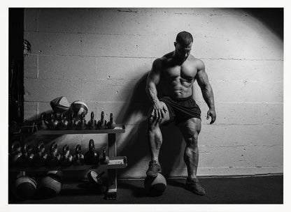 A dramatic black and white photograph of a shirtless, muscular bodybuilder posing in a gym. He leans against a cinder block wall with one foot propped on a medicine ball, his chiseled physique and defined muscles highlighted by intense lighting. Racks of kettlebells are visible in the background. Wall Art