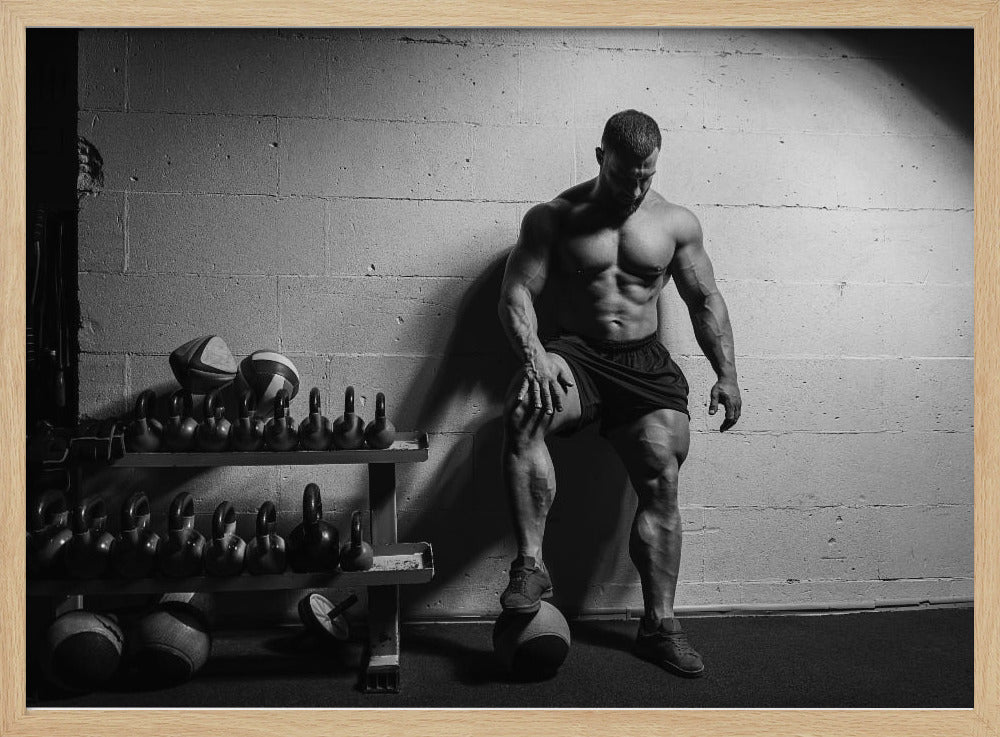A dramatic black and white photograph of a shirtless, muscular bodybuilder posing in a gym. He leans against a cinder block wall with one foot propped on a medicine ball, his chiseled physique and defined muscles highlighted by intense lighting. Racks of kettlebells are visible in the background. Wall Art