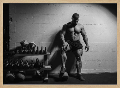 A dramatic black and white photograph of a shirtless, muscular bodybuilder posing in a gym. He leans against a cinder block wall with one foot propped on a medicine ball, his chiseled physique and defined muscles highlighted by intense lighting. Racks of kettlebells are visible in the background. Wall Art