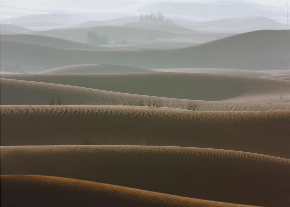A framed photograph of a serene desert landscape, with layers of rolling sand dunes creating a sense of depth. Dark brown dunes in the foreground give way to lighter, hazy dunes and hills in the misty background. Print